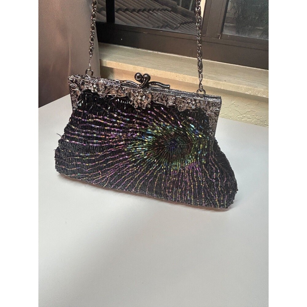 Beaded Peacock Evening Bag Black Iridescent Ciler Frame Chain Clutch Purse